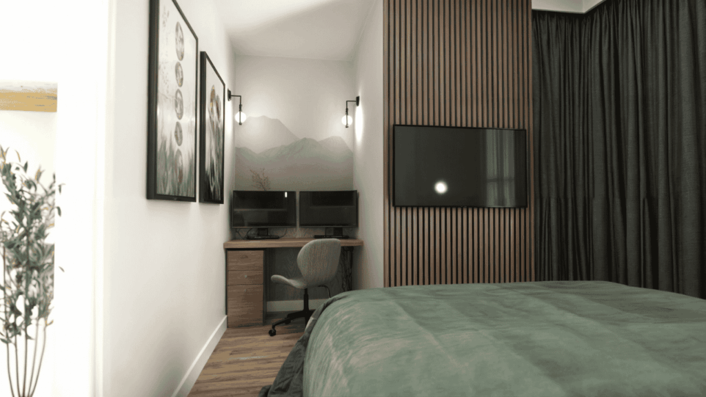 Home office w sypialni – kompaktowa aranżacja biurka z dwoma monitorami