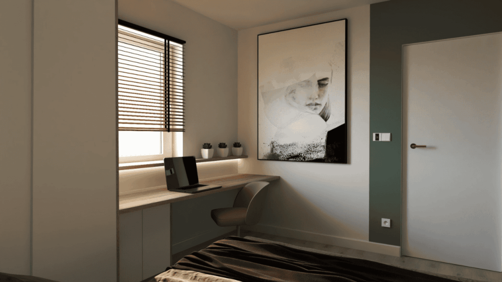 Home office w sypialni – strefa pracy przy oknie i kolorystyka sprzyjająca skupieniu