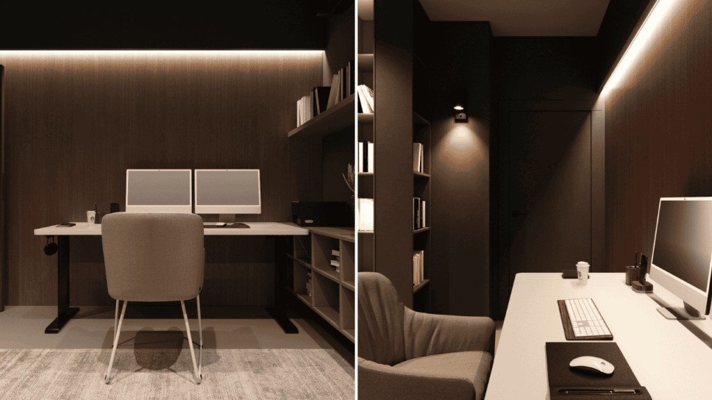 Home office z zabudową i oświetleniem LED zaprojektowane przez architekta wnętrz
