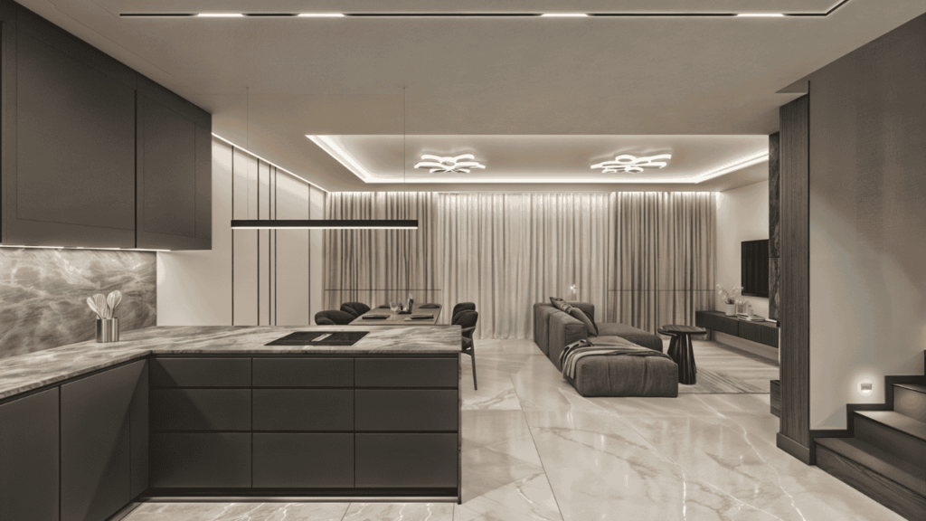 Home staging – nowoczesna aranżacja kuchni i salonu w spójnym stylu