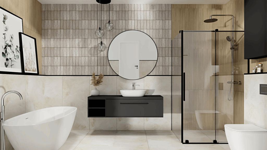 Home staging – nowoczesna łazienka z lustrem i czarną armaturą