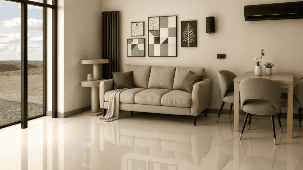 Home staging – stylizowany salon z jasną sofą i naturalnym światłem