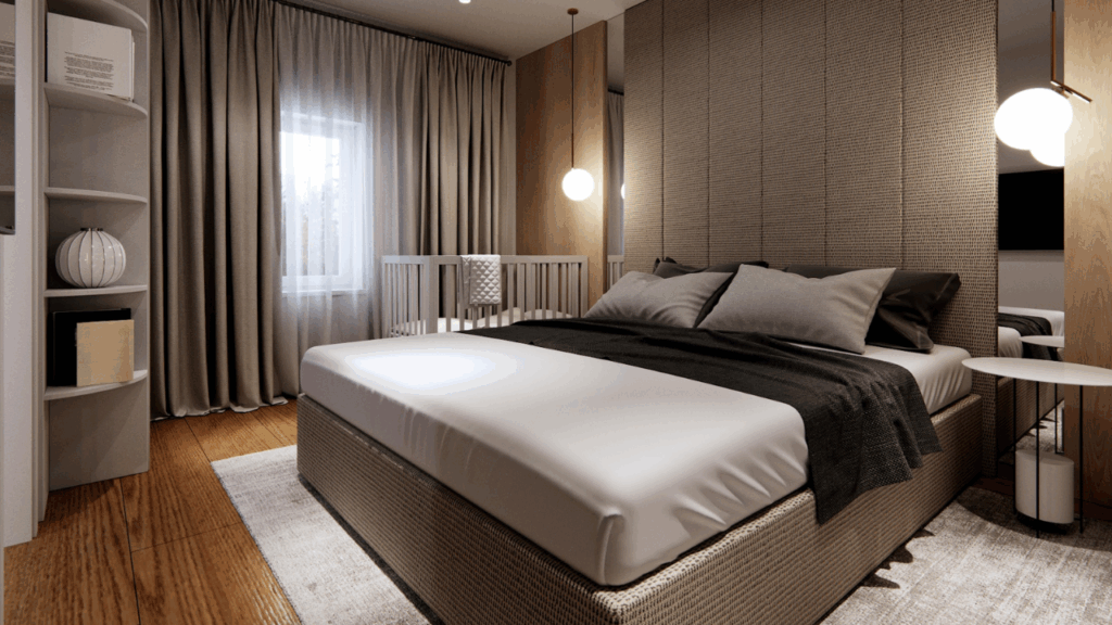 Nowoczesna sypialnia z tapicerowanym zagłówkiem i naturalnym drewnem