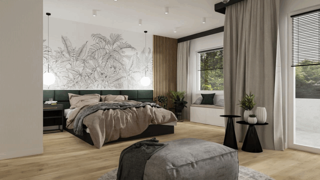 Dodatki dekoracyjne w nowoczesnej sypialni z roślinami i tkaninami