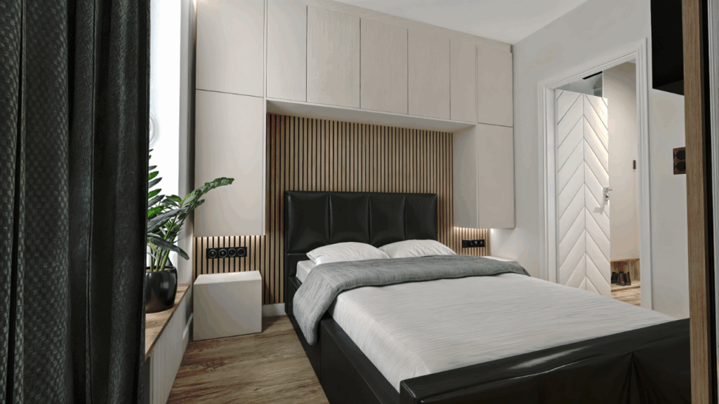 Zabudowa przechowywania nad łóżkiem w nowoczesnej sypialni