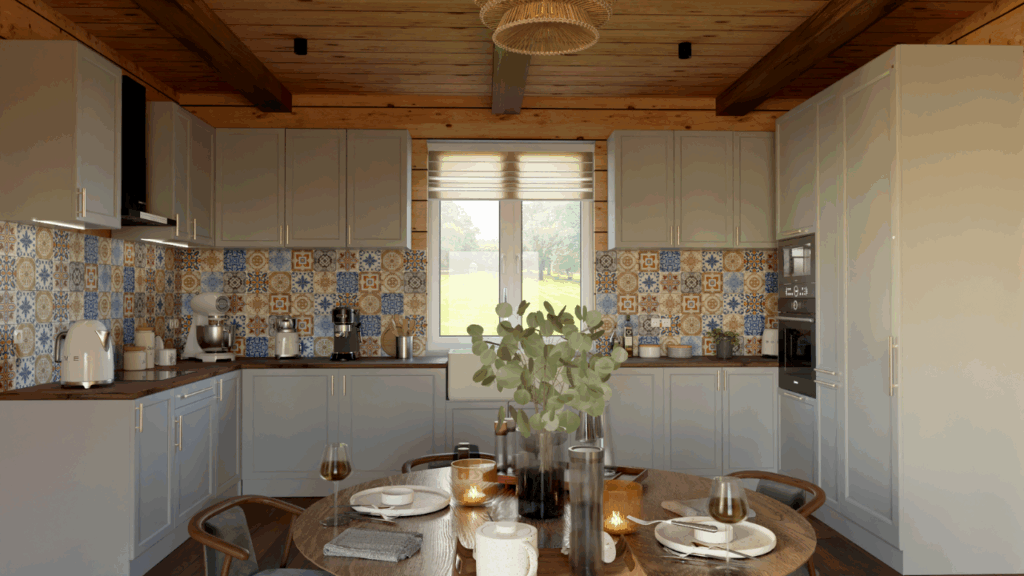Styl wnętrz – kuchnia vintage z drewnianym sufitem i patchworkowymi płytkami