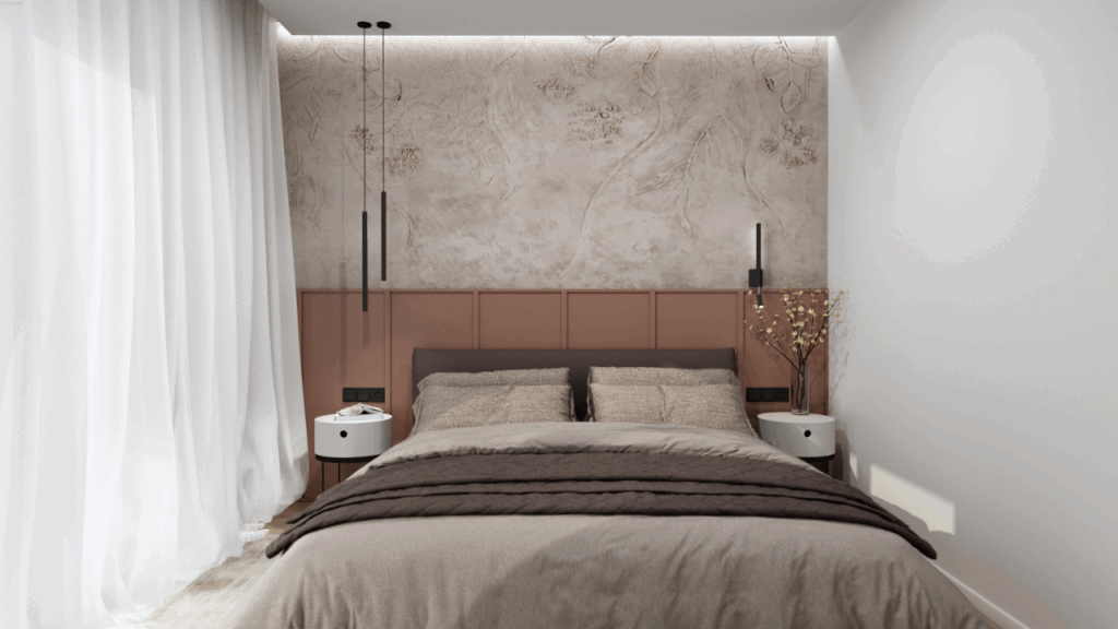 Tapeta z delikatnym wzorem w nowoczesnej sypialni nad zagłówkiem łóżka