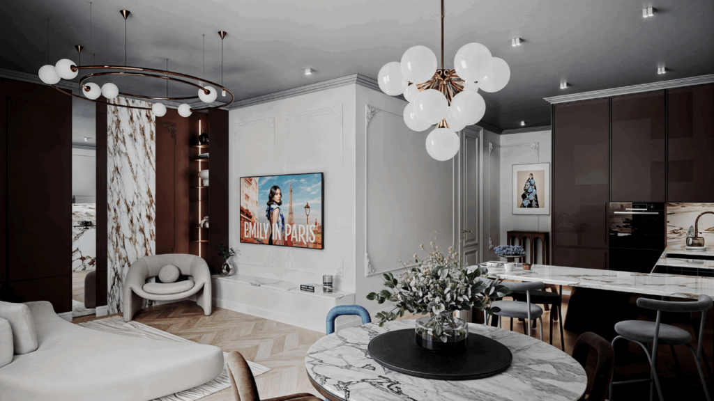 Wizualizacje wnętrz Lublin – render 3D salonu z kuchnią w stylu modern glamour