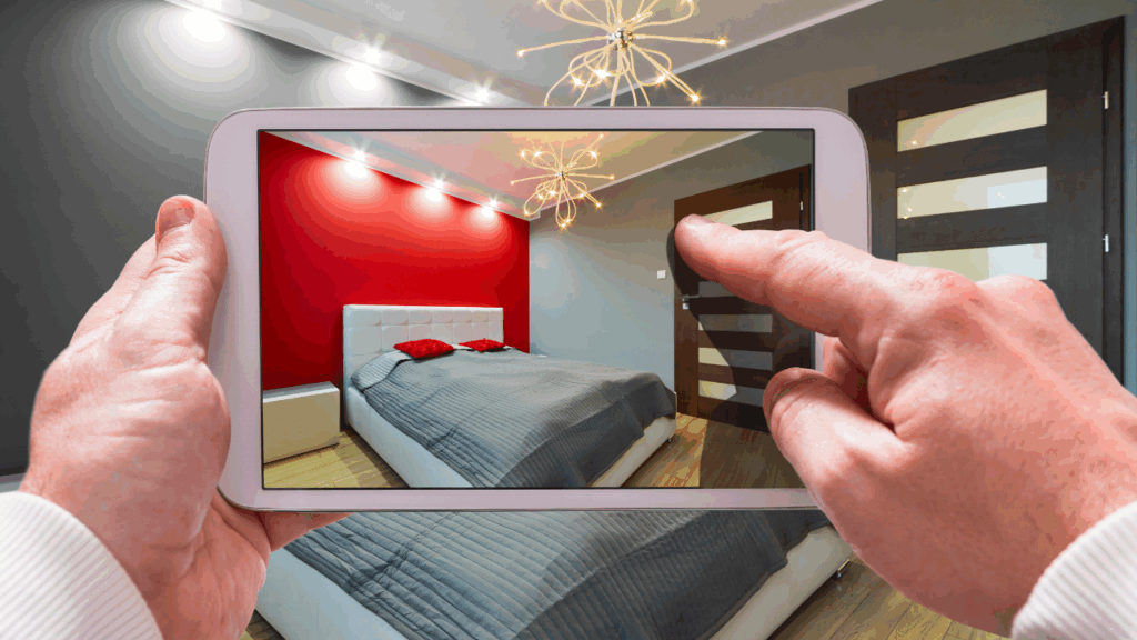 Wizualizacje wnętrz Lublin – porównanie aktualnej sypialni z projektowaną aranżacją na ekranie tabletu