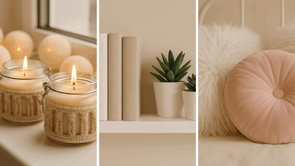 Świeczki na parapecie z cotton balls, biała półka z książkami i sukulentami, poduszki w stylu aesthetic na łóżku
