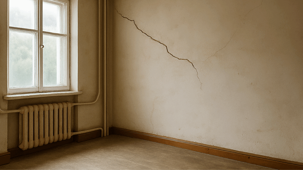 Pęknięcia w ścianie i stare instalacje grzewcze to częsty widok w domach do remontu