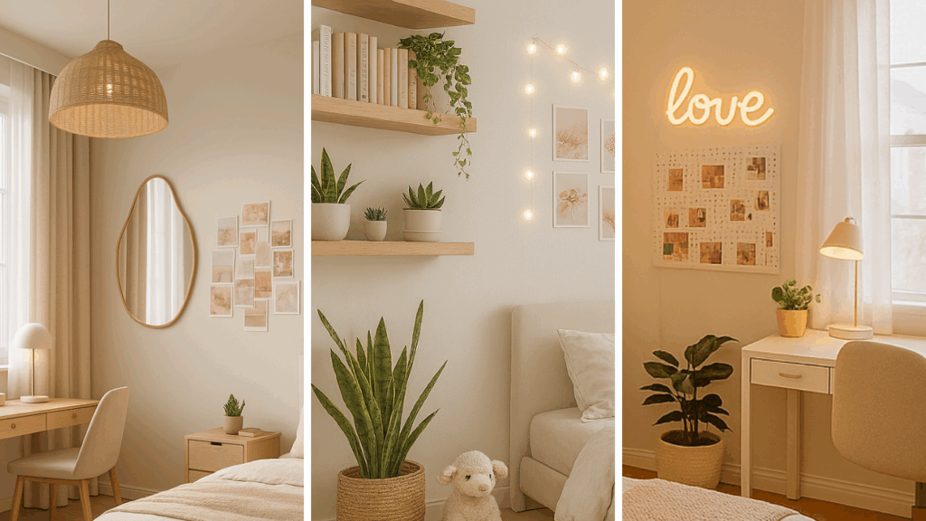 Inspiracje TikTok do pokoju nastolatki w stylu aesthetic – jasne beżowe ściany, rośliny, lampki i neon