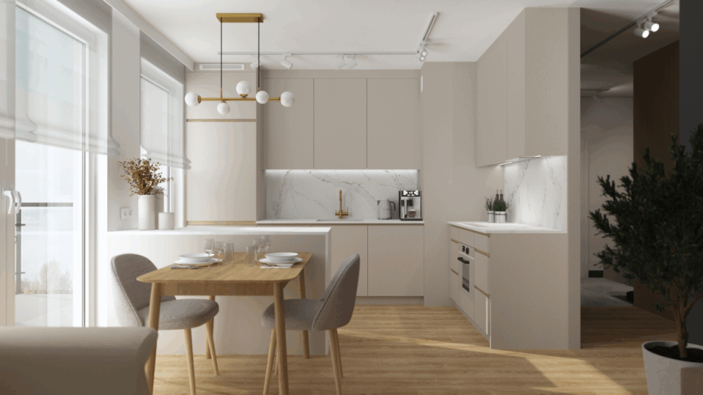 Jasna kuchnia z salonem w małym mieszkaniu – warto zadbać o dobrą wentylację i dyskretne rozwiązania techniczne
