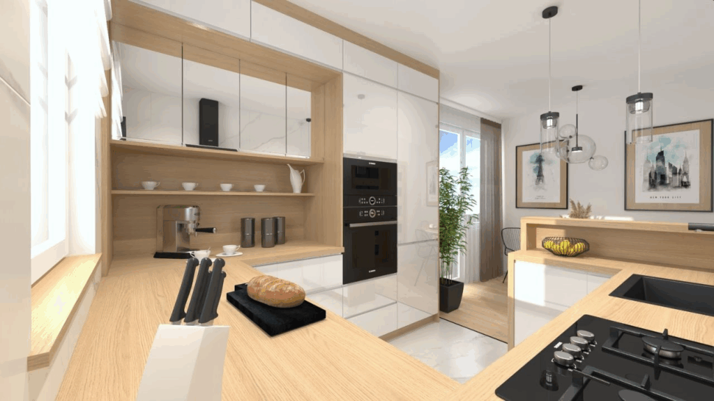 Jasna zabudowa i drewniane detale łączą funkcje kuchni i salonu w harmonijną, przytulną przestrzeń
