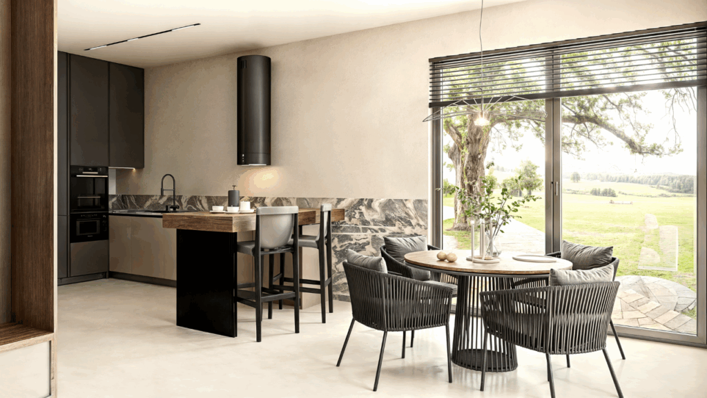 Kuchnia z salonem – przy takim układzie warto zadbać o mocny okap, by zapachy nie przenikały do jadalni i salonu