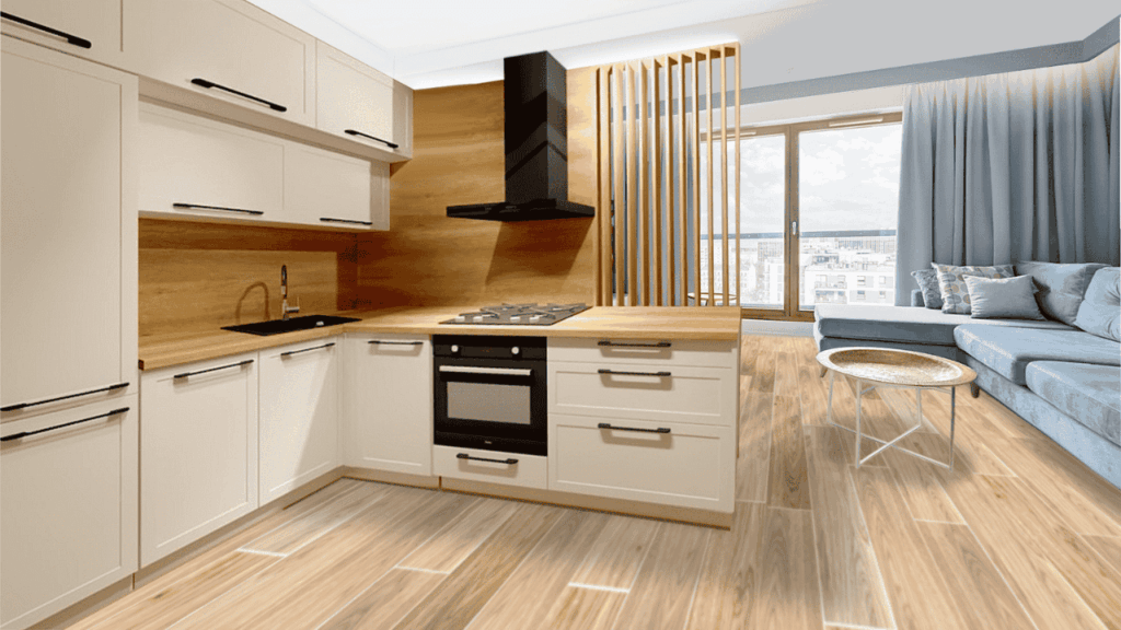 Kuchnia z salonem oddzielona lamelami – nowoczesna aranżacja wnętrza z jasną zabudową i strefą wypoczynkową