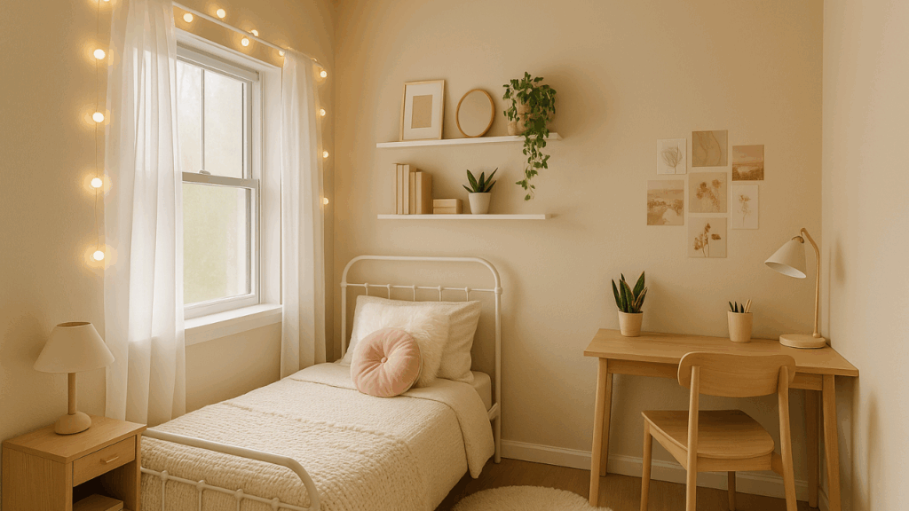 Mały pokój w stylu aesthetic z jasnobeżowymi ścianami, białym łóżkiem, biurkiem i naturalnym światłem