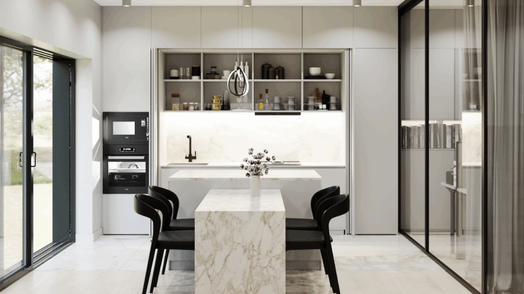 Nowoczesna kuchnia z salonem z marmurową wyspą i jasną zabudową