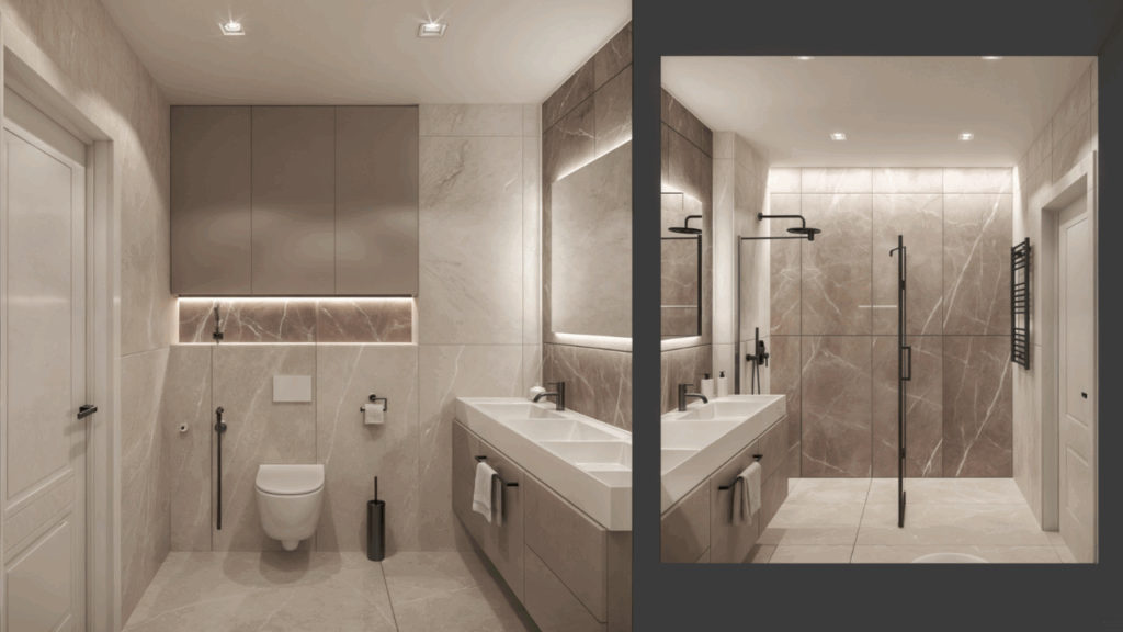 Oświetlenie LED w eleganckiej łazience – subtelne światło w zabudowie meblowej i wokół lustra podkreśla nowoczesny charakter wnętrza