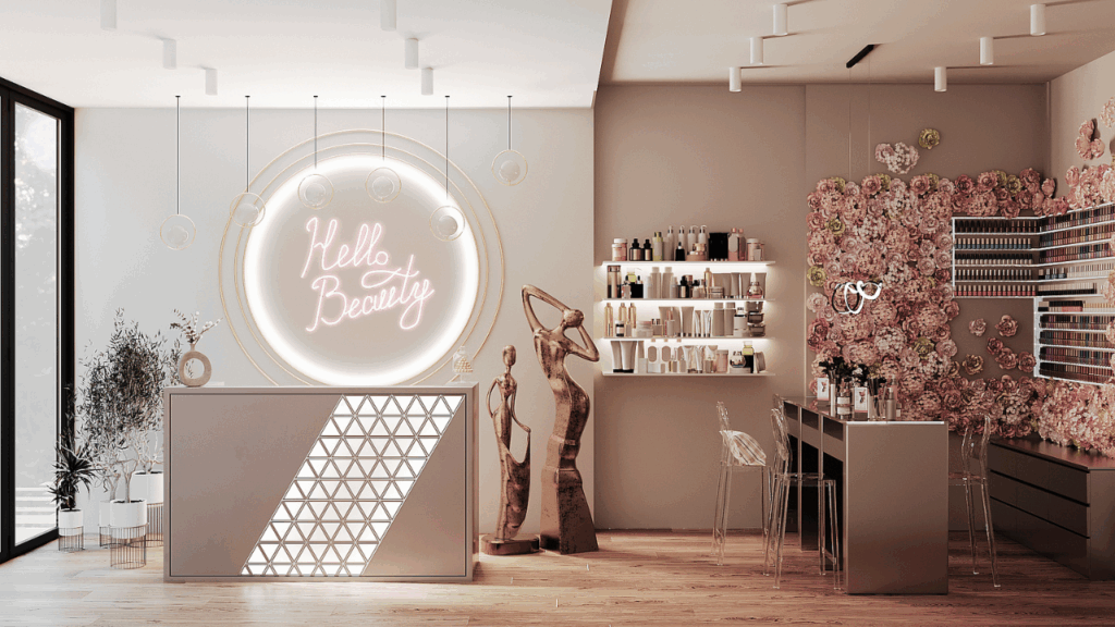 ledy w salonie beauty – oświetlenie strefy recepcji, ekspozycji i ściany kwiatowej