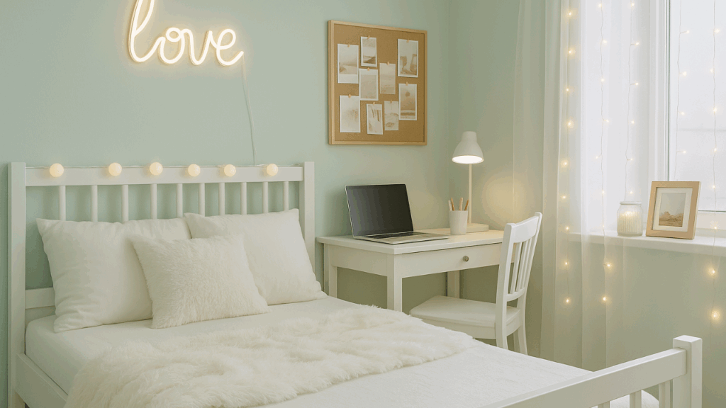 Pokój w stylu aesthetic w jasnym miętowym kolorze z białym łóżkiem, futrzanym kocem, biurkiem i neonem love