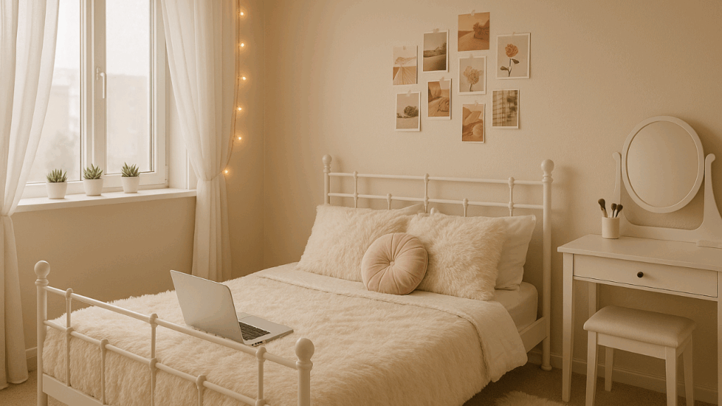 Pokój dla nastolatki w stylu aesthetic z białym łóżkiem, laptopem, firankami i toaletką na tle jasnobeżowych ścian
