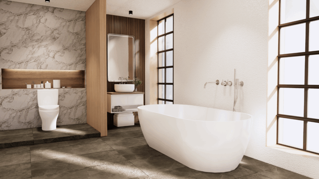 Łazienka w stylu skandynawskim – połączenie naturalnego drewna, jasnych płytek i minimalistycznych form