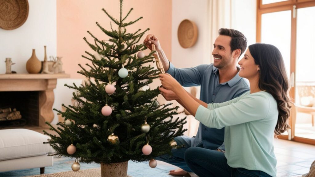 żywa choinka na pniu w dekoracyjnej donicy