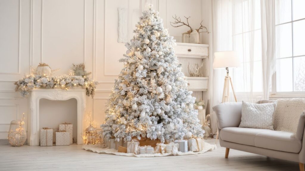 Choinka na pniu ozdobiona w stylu skandynawskim