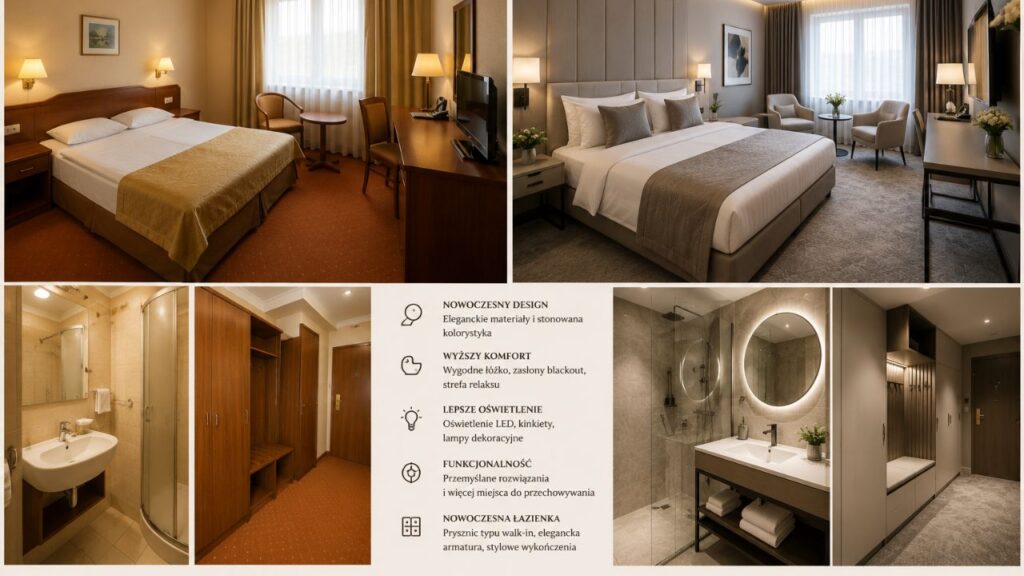 elegancki pokój hotelowy przed i po modernizacji