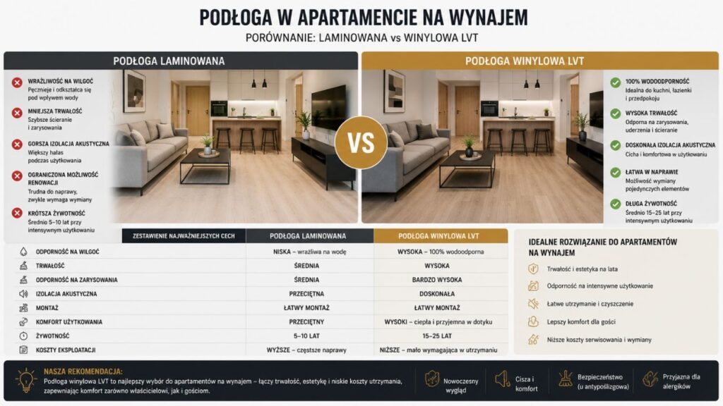 Porównanie podłogi laminowanej i winylowej LVT w apartamencie na wynajem.