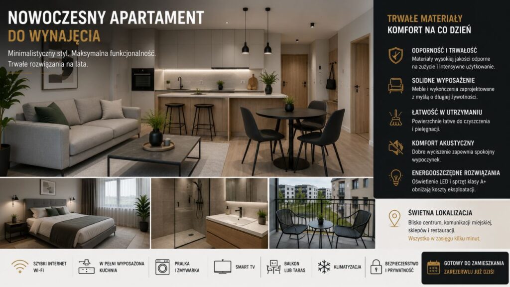 Nowoczesny apartament do wynajęcia z trwałym wyposażeniem i minimalistycznym wystrojem.