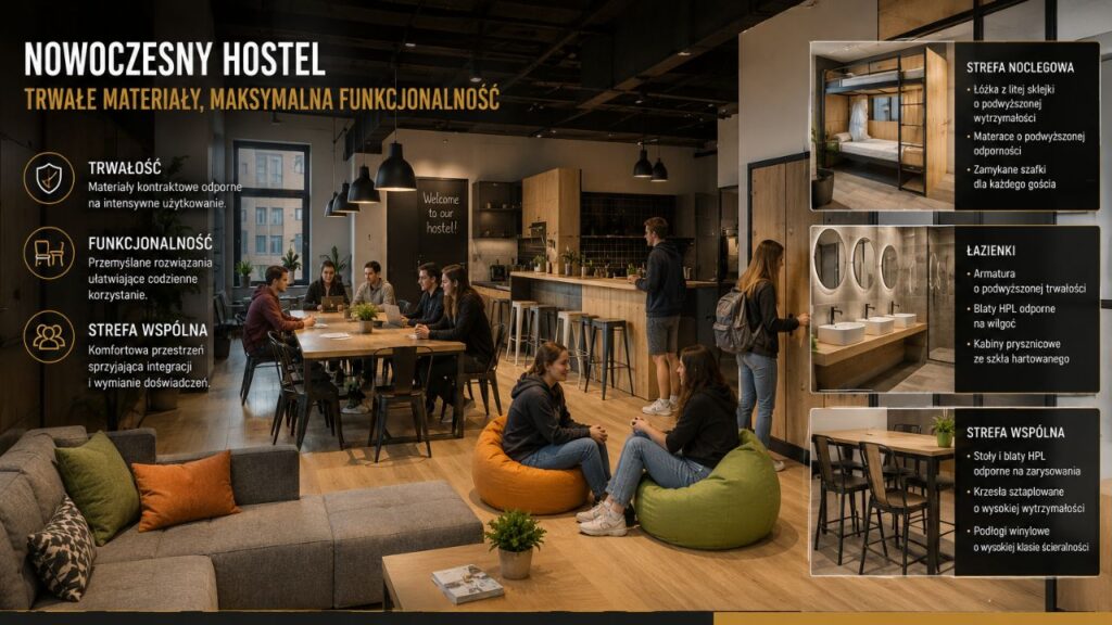 nowoczesny hostel z trwałym wyposażeniem i intensywnie użytkowaną strefą wspólną.