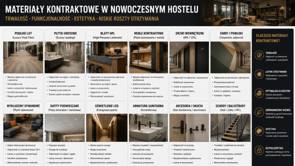 zestawienie materiałów kontraktowych stosowanych w nowoczesnym hostelu.