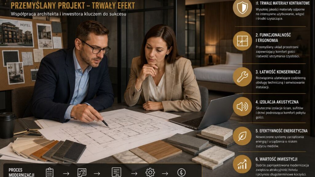 Architekt i inwestor analizujący projekt modernizacji hotelu z planami technicznymi oraz próbkami materiałów.