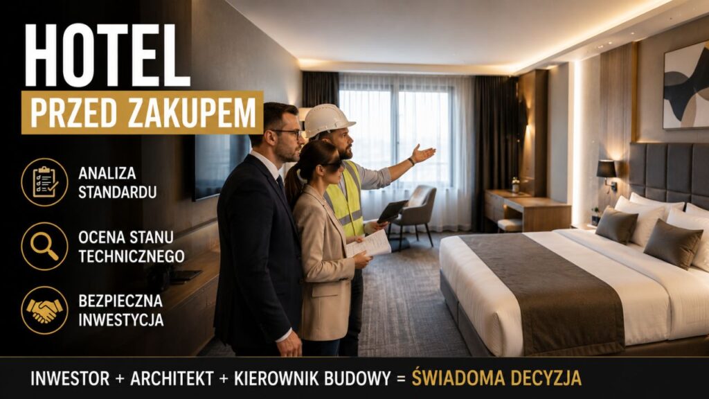 Inwestor oglądający hotel przed zakupem wraz z architektem i kierownikiem budowy.