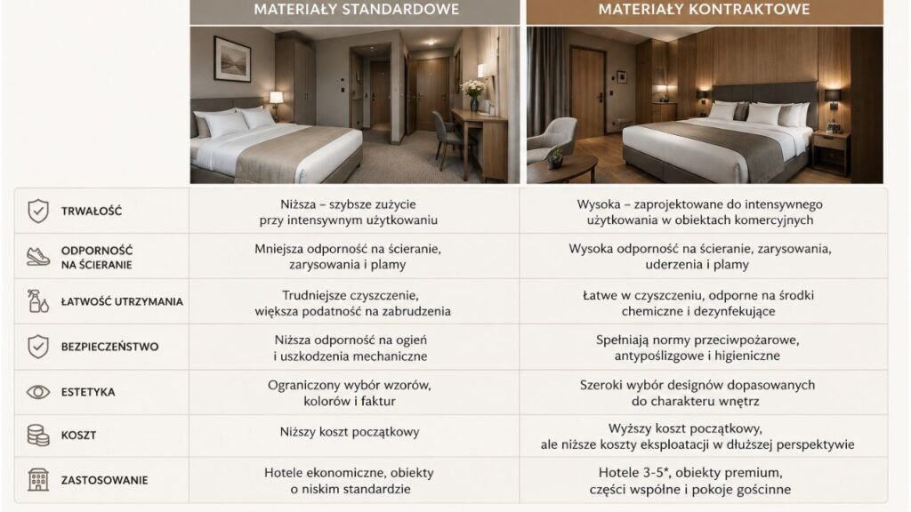 Porównanie materiałów standardowych i kontraktowych stosowanych w hotelach.
