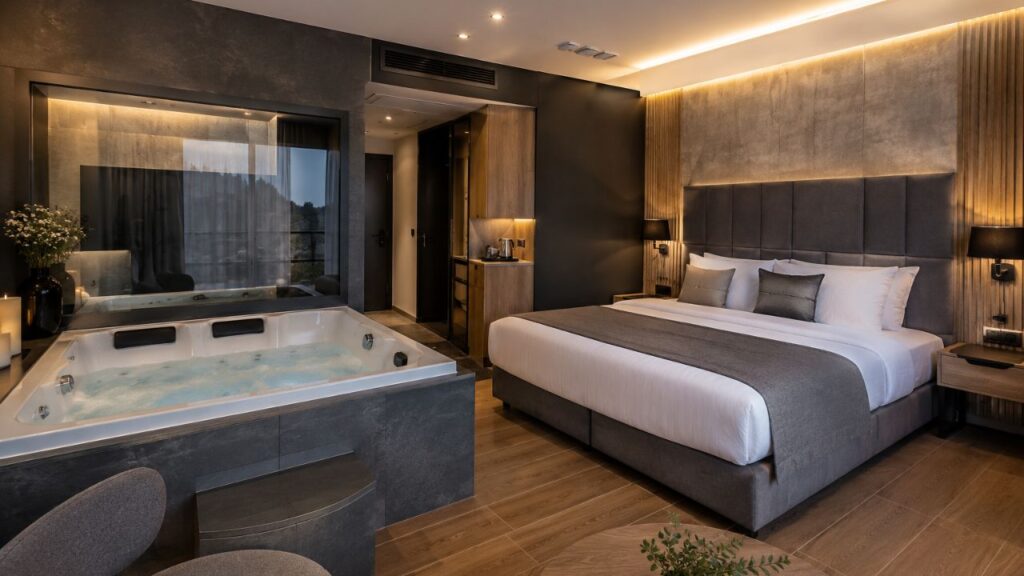 Nowoczesny pokój hotelowy z jacuzzi, wykończony trwałymi materiałami kontraktowymi.