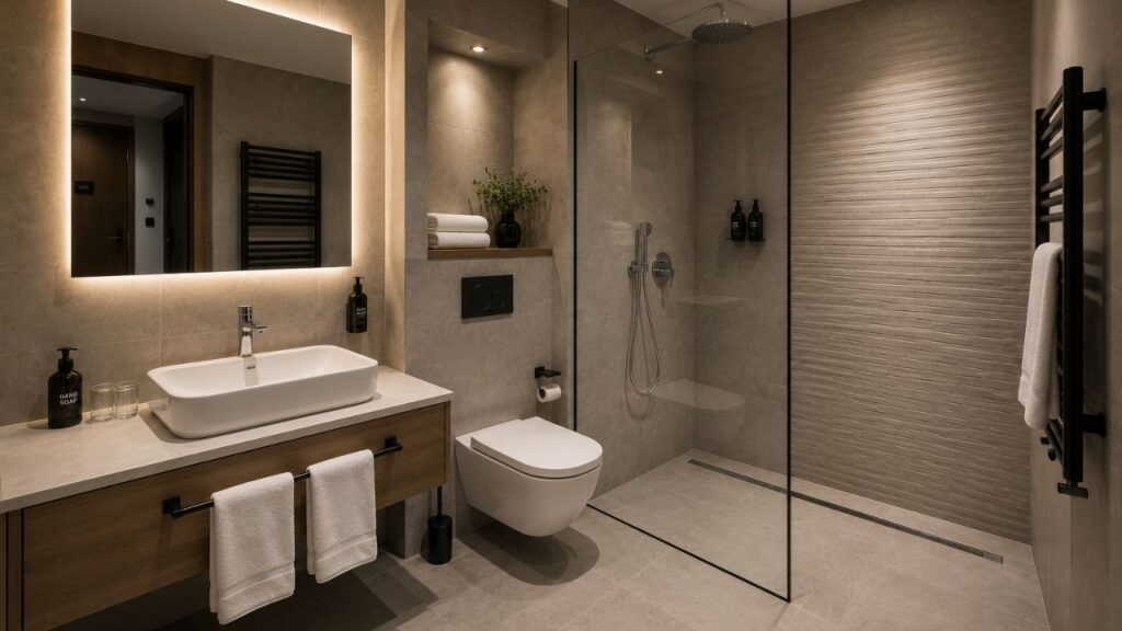 Łazienka hotelowa z podwieszaną ceramiką, odpływem liniowym i armaturą kontraktową.
