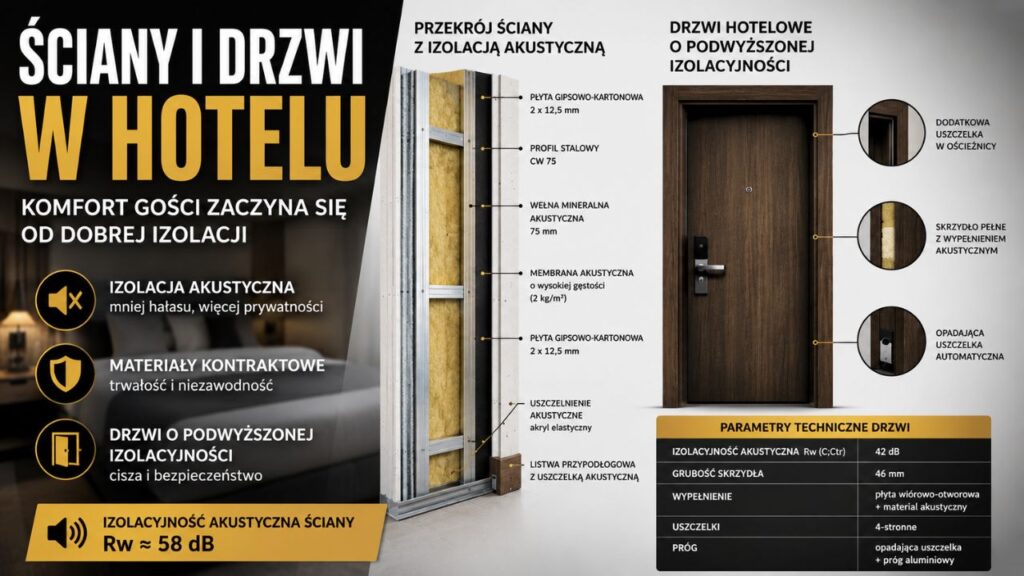 Przekrój ściany hotelowej z izolacją akustyczną oraz drzwiami o podwyższonej izolacyjności.