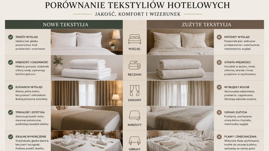 porównanie nowych i zużytych tekstyliów hotelowych: ręczniki, pościel, zasłony