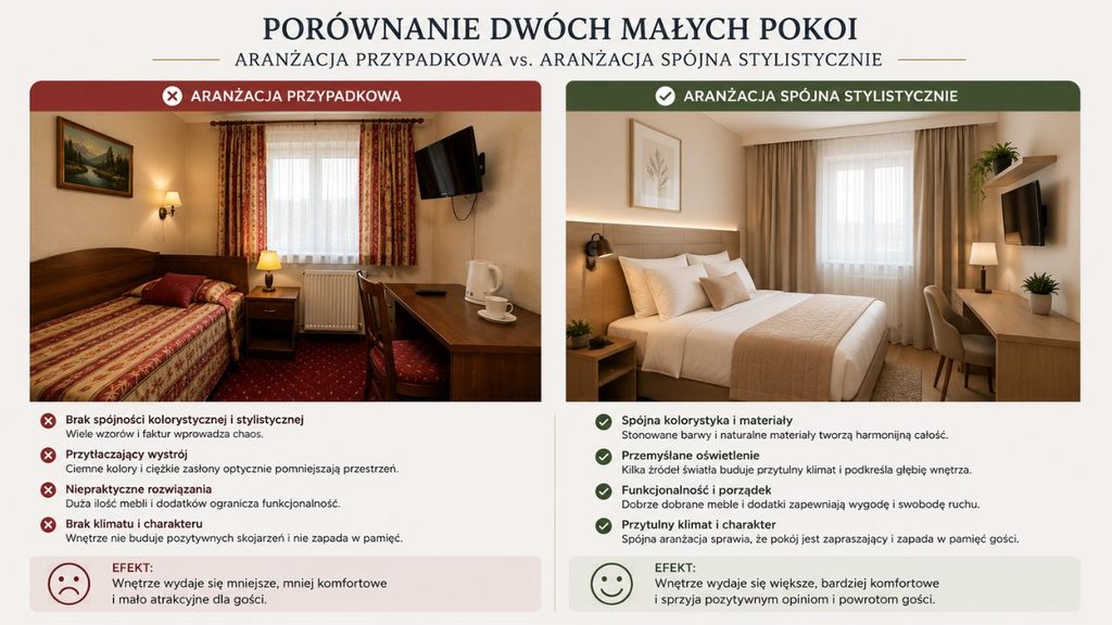 porównanie dwóch małych pokoi: aranżacja przypadkowa i aranżacja spójna stylistycznie.