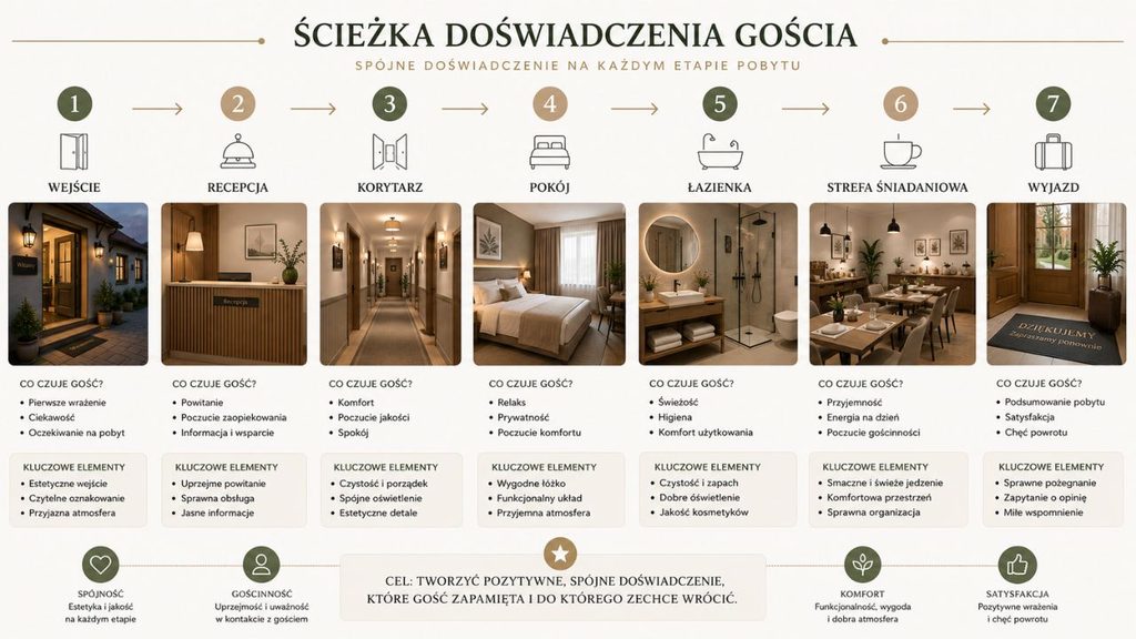 schemat ścieżki doświadczenia gościa: wejście → recepcja → korytarz → pokój → łazienka → strefa śniadaniowa → wyjazd.