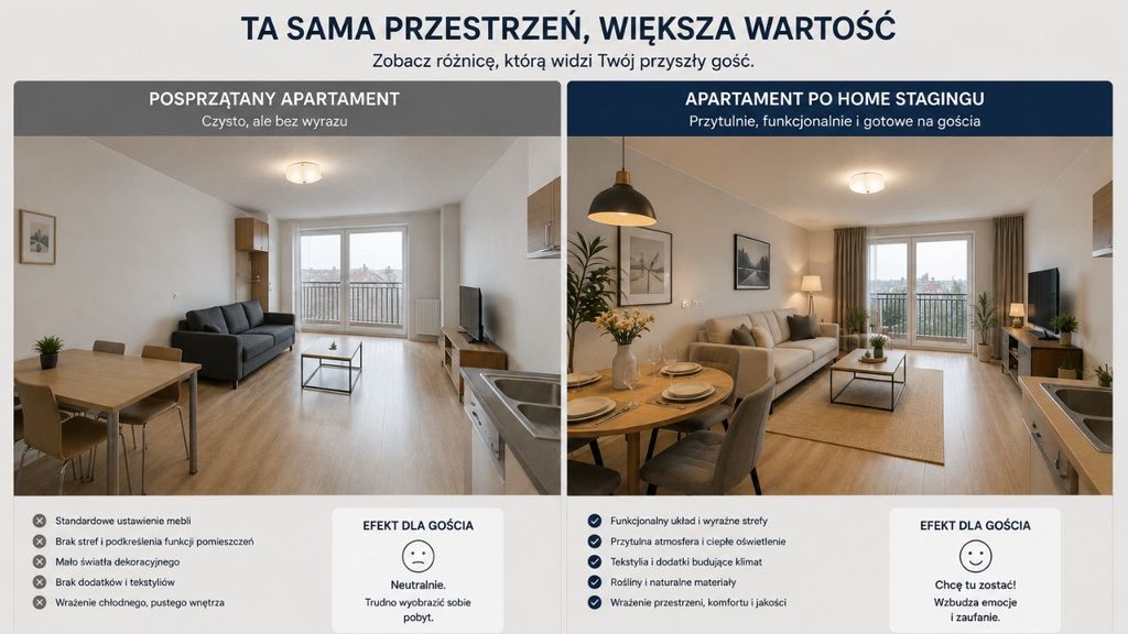 
Porównanie: „posprzątany apartament” i „apartament po home stagingu” – ta sama przestrzeń, ale inne ustawienie mebli, tekstylia, światło i dodatki.