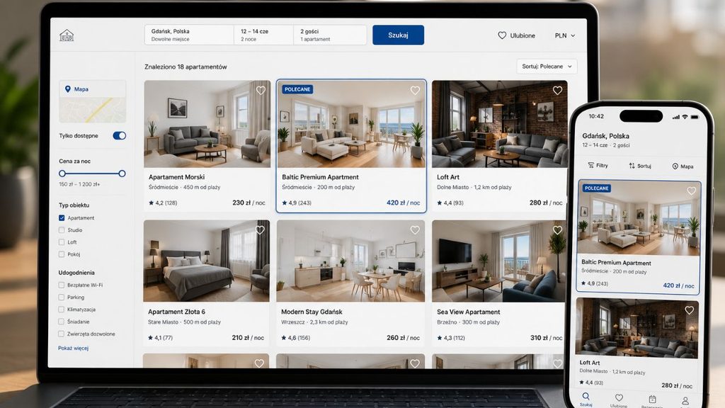 
Ekran laptopa lub telefonu z kilkunastoma ofertami apartamentów. Jedna oferta wyróżnia się jasnym, profesjonalnym zdjęciem wnętrza.