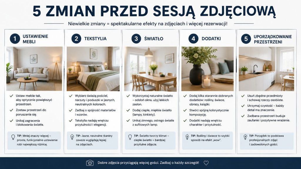 
Infografika „5 zmian przed sesją zdjęciową”: ustawienie mebli, tekstylia, światło, dodatki i uporządkowanie przestrzeni.