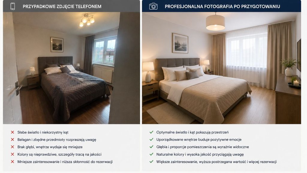 
Ta sama sypialnia pokazana na przypadkowym zdjęciu telefonem i na profesjonalnej fotografii po przygotowaniu wnętrza.