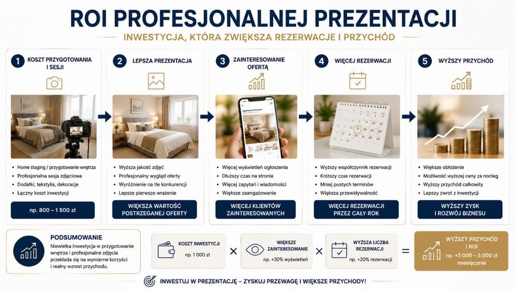 
Schemat ROI profesjonalnej prezentacji: koszt przygotowania i sesji → lepsza prezentacja → zainteresowanie ofertą → rezerwacje → przychód.