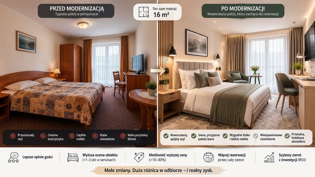 Pokój pensjonatu przed i po modernizacji – ten sam metraż, ale zmienione łóżko, tekstylia, oświetlenie i układ mebli.