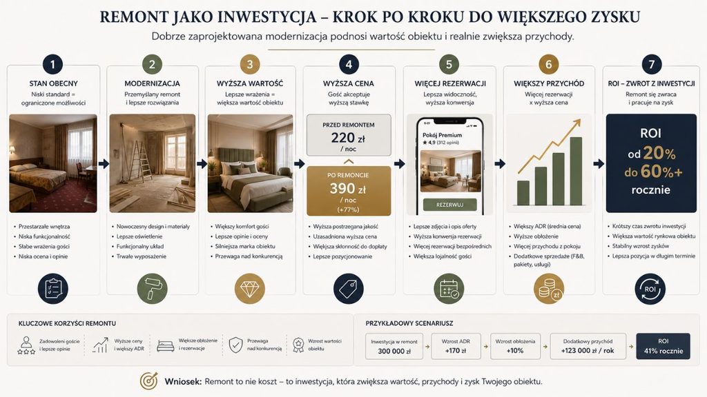 Schemat „Remont jako inwestycja”: stan obecny → modernizacja → wyższa wartość → cena → rezerwacja → przychód → ROI.